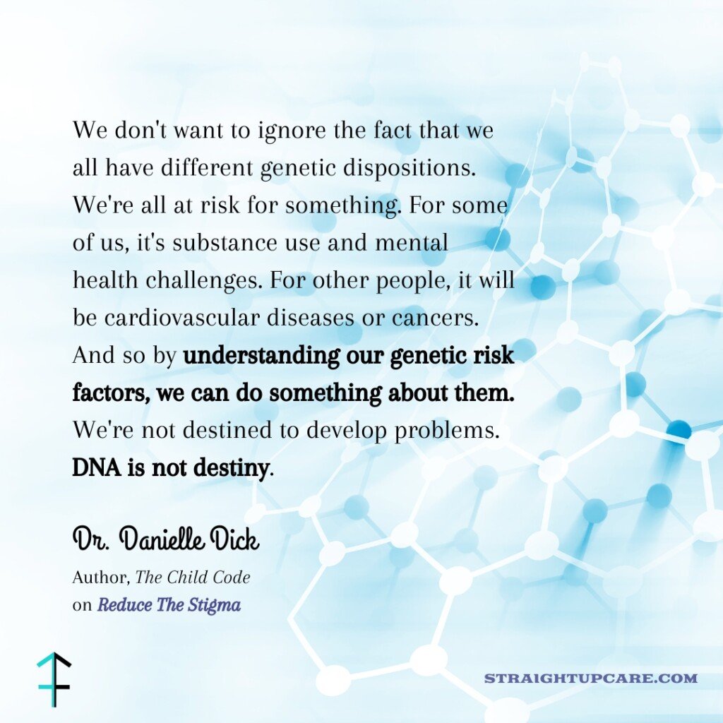 Background image of DNA at a cellular level with a quote by Dr. Danielle Dick about genetic risk factors and that DNA is not destiny.