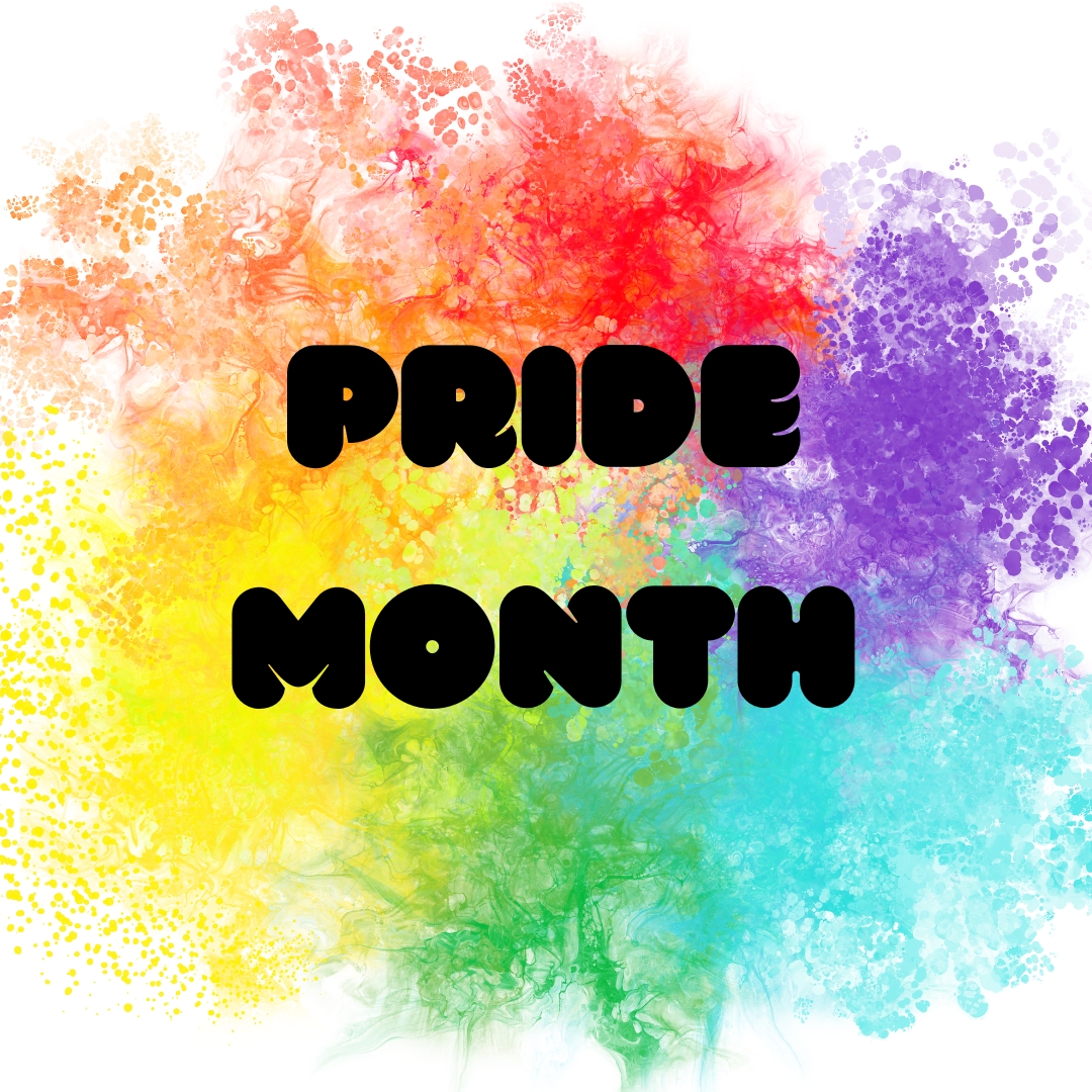 Text that says Pride Month on a rainbow colored background that looks like multicolored smoke. LGBTQ+