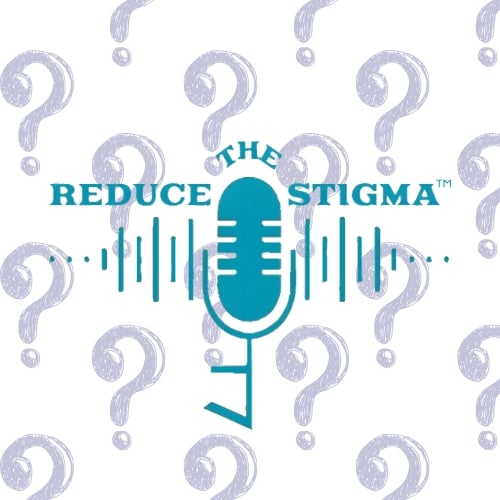 Purple question marks in the background with the Reduce The Stigma logo in the foreground.