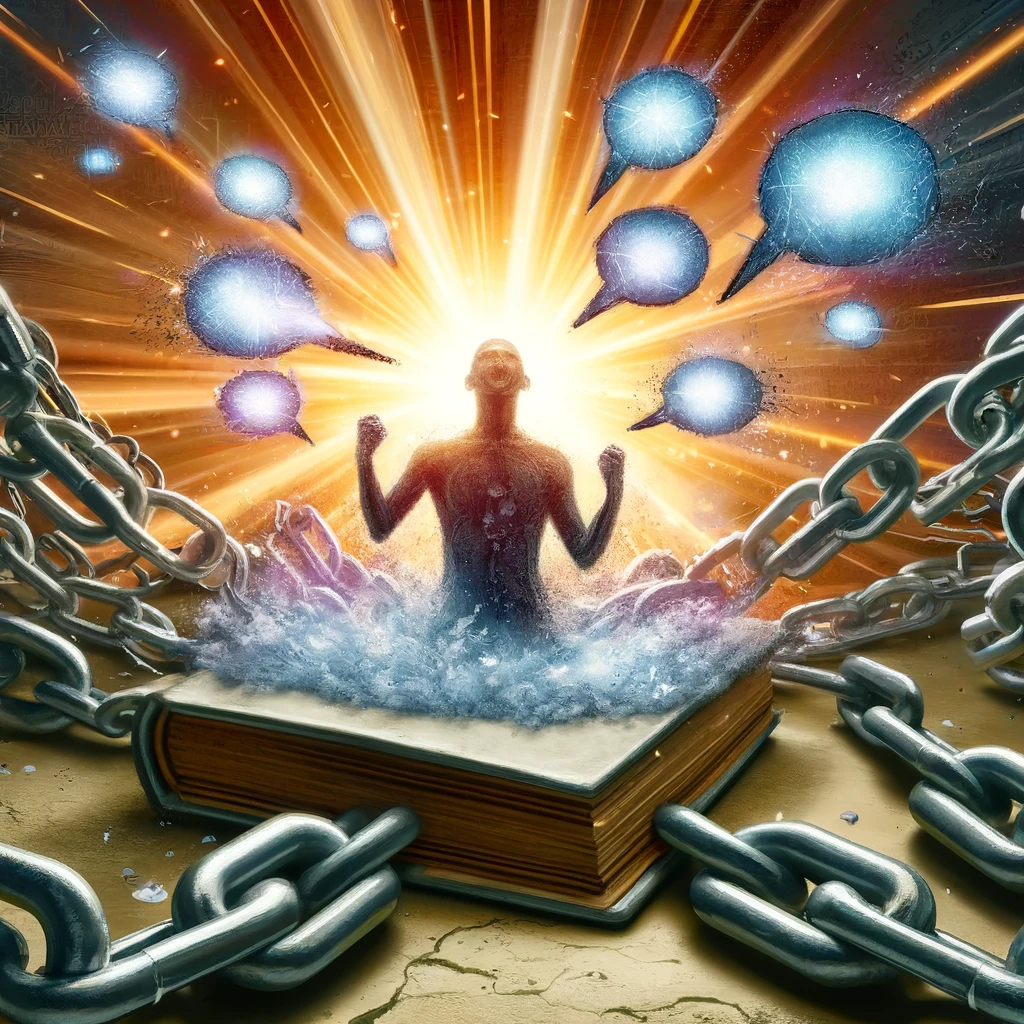 Picture of a person coming out of a book to represent stories with multiple speech bubbles around them and broken chains to represent breaking down stigma