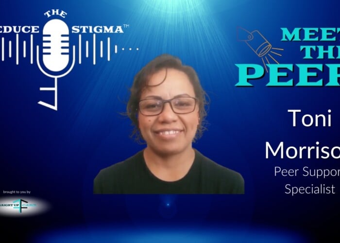 Blue background with Toni Morrison's photo in the center. Logos for Reduce The Stigma and Meet The Peer. Toni discusses healing, helping, recovery and empowerment.