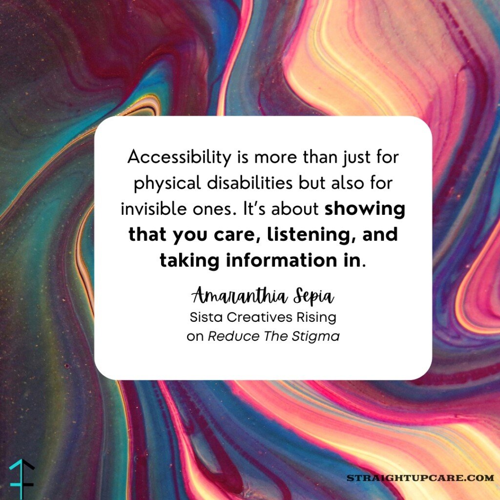 Swirling colors and a quote about accessibility from an interview discussing art healing accessibility and invisible disabilities