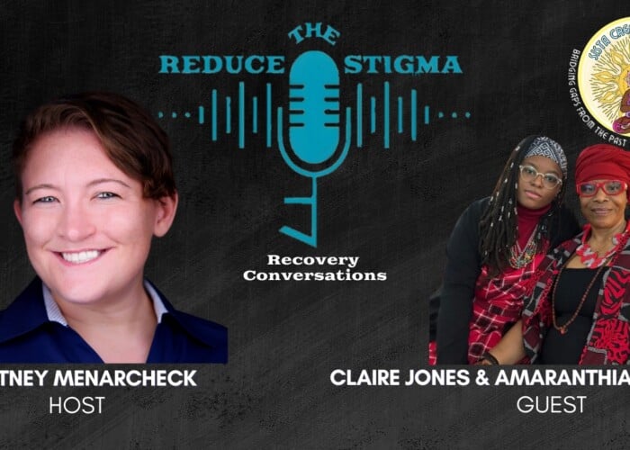 Reduce The Stigma logo with a picture of the host Whitney Menarcheck, a white woman with short brown hair, and guests Amaranthia Sepia, a black woman with long dreadlocks wearing glasses and a headband, and Claire Jones, a black woman with a red head wrap and red glasses