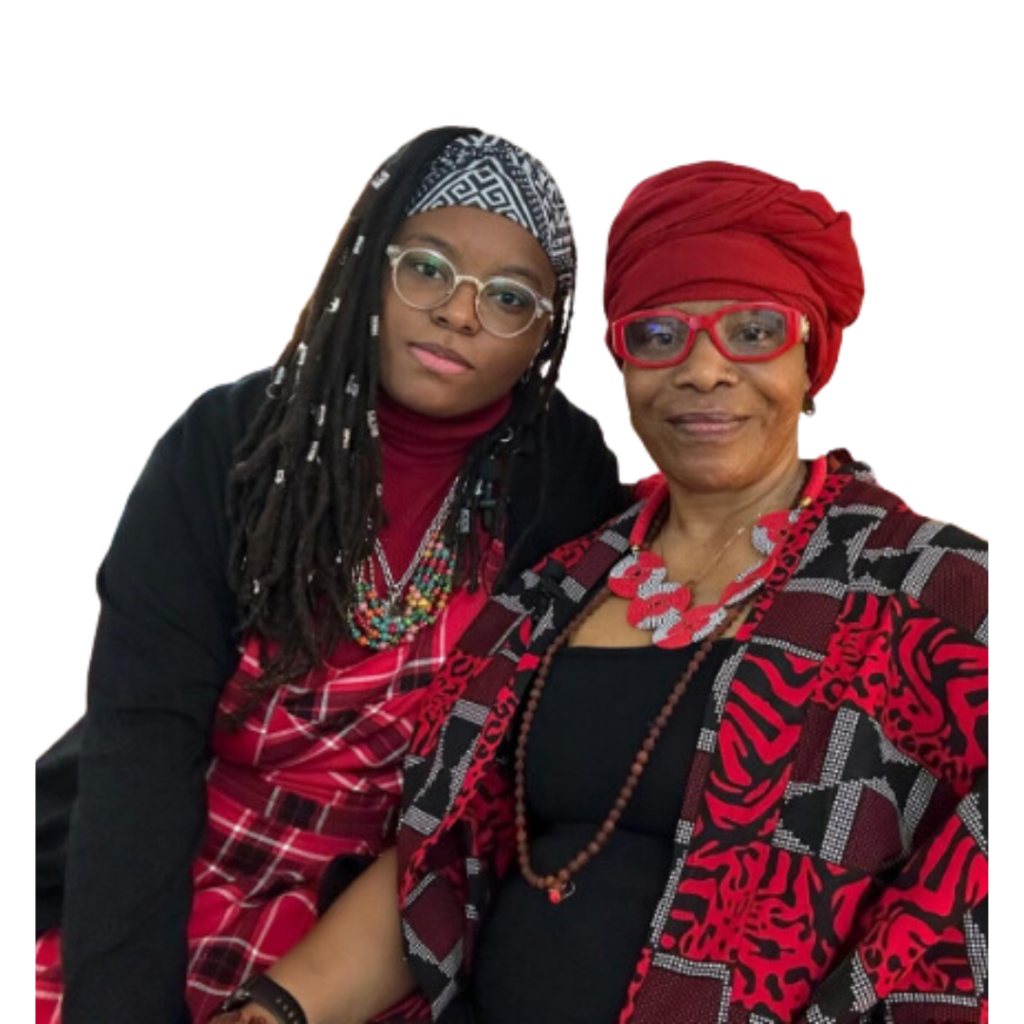 Amaranthia Sepia, a black woman with long dreadlocks wearing glasses and a headband, and Claire Jones, a black woman with a red head wrap and red glasses