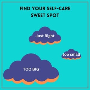 Turquoise background with a thin grey boarder. Three purple clouds with orange shadows. In the bottom left is a large cloud that says too big. In the middle right is a small cloud that says too small. In the center towards is a medium-sized cloud that says just right. The image is to depict finding your self-care sweet spot.