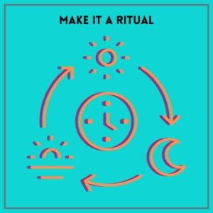 Turquoise background with a thin grey boarder. Text says make it a ritual. There is a 3 arrow cycle around a clock centered in the image. between the arrows is a sun, a moon, and a rising sun.