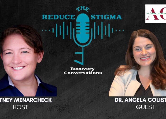 Dark grey background. Reduce The Stigma logo in the middle. Picture of host Whitney Menarcheck on the Left and guest Angela Colistra on the Right. Aligned Career Training in upper right corner