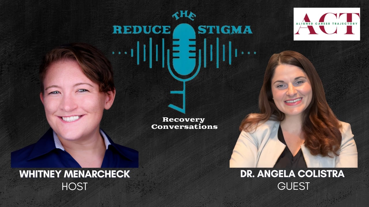 Dark grey background. Reduce The Stigma logo in the middle. Picture of host Whitney Menarcheck on the Left and guest Angela Colistra on the Right. Aligned Career Training in upper right corner