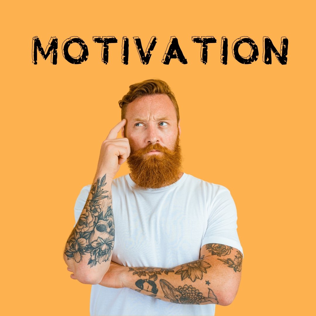 Orange background. In the center taking up most of the picture is a white man in a white shirt with red hair, a red beard, and tattoos on both arms. You can see him from just above his waist up. Above him is the word motivation. The man has h is finger to his temple to demonstrate he's thinking. It's supposed to signify trying to understand intrinsic vs extrinsic motivation and what they are.