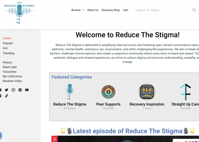 The uploaded image shows the homepage for the podcast "Reduce The Stigma." It includes a welcome message that highlights the mission to amplify silenced voices and foster open conversations about challenging life experiences. The website aims to break down barriers, challenge misconceptions, and create a supportive community through authentic dialogue and shared experiences. The homepage also features categories such as "Reduce The Stigma," "Peer Supports," "Recovery Inspiration," and "Straight Up Care," along with a section for the latest podcast episode.