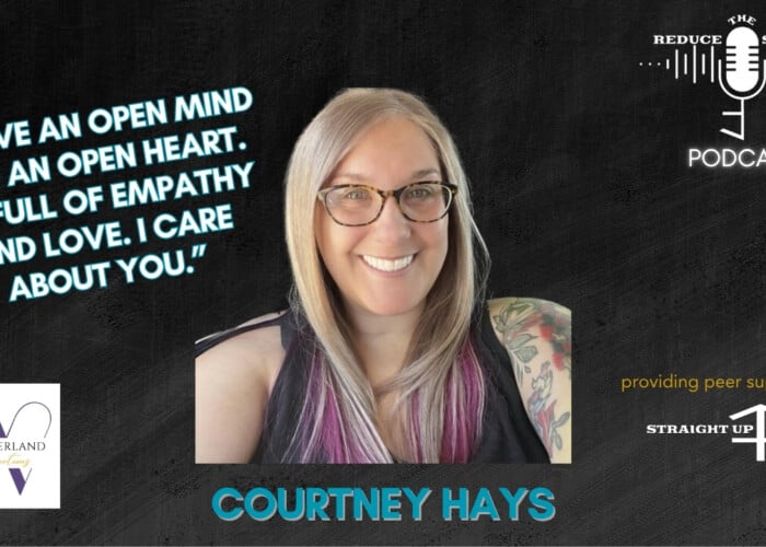 Podcast promotional image for Reduce the Stigma featuring Courtney Hays. The image includes a smiling woman with glasses and long, light brown hair with purple highlights, and a tattoo on her shoulder. The background is black with text in the top left corner reading: 'I have an open mind and an open heart. I'm full of empathy and love. I care about you.' The top right corner shows the Reduce the Stigma podcast logo, and the bottom right corner states 'providing peer support via Straight Up Care.' The name 'Courtney Hays' is written at the bottom in blue letters. Courtney discusses borderline personality disorder, bullying, mental health, peer support, and more.