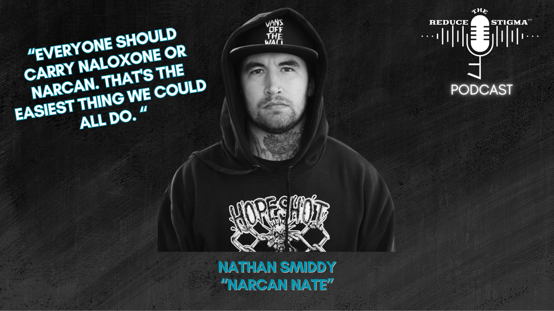 A podcast graphic for "Reduce The Stigma" featuring Nathan Smiddy, also known as "Narcan Nate." The image shows Nate in a black hoodie and a cap, with the quote: "Everyone should carry naloxone or Narcan. That's the easiest thing we could all do." The "Reduce The Stigma Podcast" logo is in the top right corner. Harm Reduction is the focus of the episode