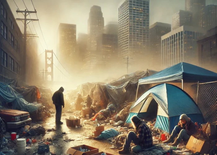 A somber scene showing the aftermath of a dismantled encampment. Scattered personal belongings and makeshift shelter items lie on the ground, symbolizing the loss of stability for unhoused individuals. In the background, a cityscape contrasts with the vulnerable state of displaced people, some looking despondent. The image highlights the hardships faced by those who lose their shelter and community in forced encampment sweeps.