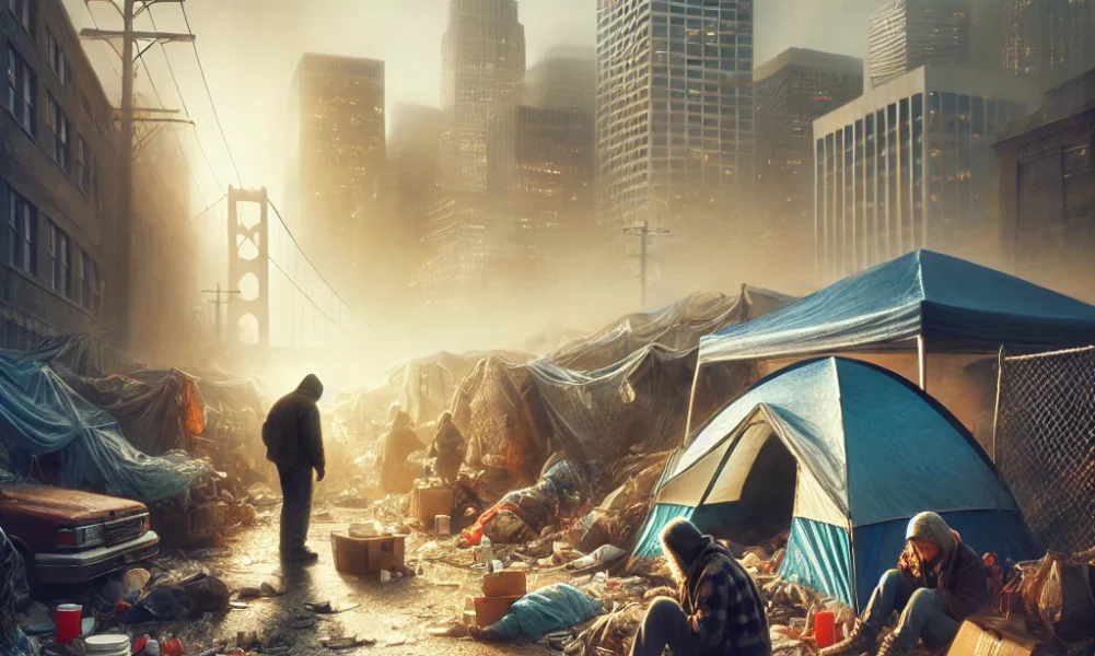 A somber scene showing the aftermath of a dismantled encampment. Scattered personal belongings and makeshift shelter items lie on the ground, symbolizing the loss of stability for unhoused individuals. In the background, a cityscape contrasts with the vulnerable state of displaced people, some looking despondent. The image highlights the hardships faced by those who lose their shelter and community in forced encampment sweeps.